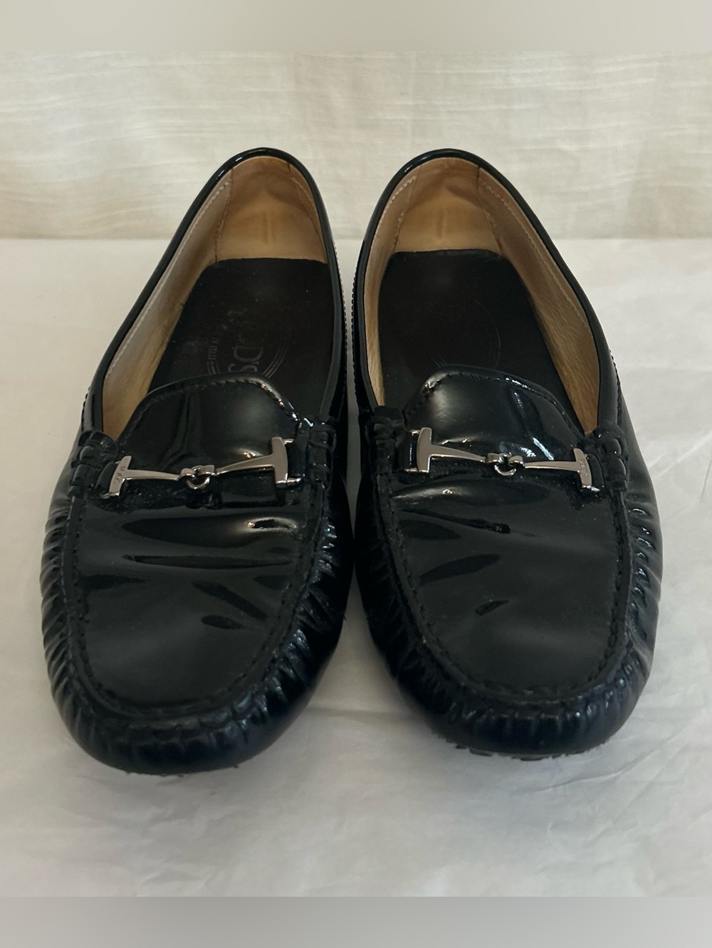 Tod's Classic Preppy Black Patent Leather Loafers with‎ Silver Horsebit
